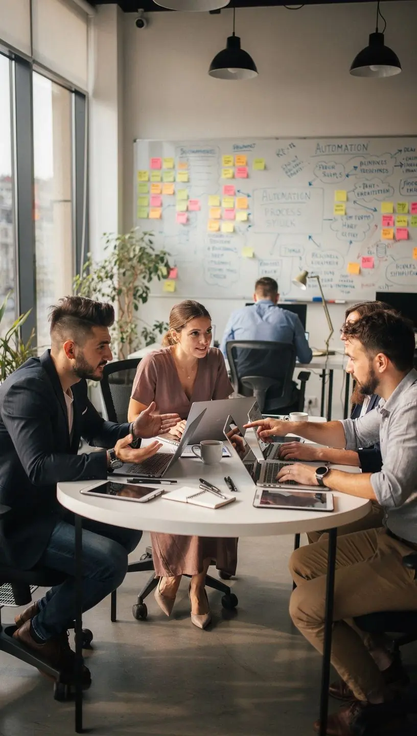 Ilustrație conceptuală cu elemente grafice ce prezintă integrarea aplicațiilor digitale pentru simplificarea muncii.