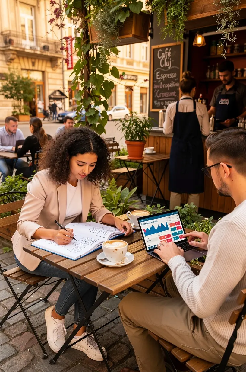 Fotografie stilizată a unei echipe de profesioniști discutând soluții de optimizare și automatizare în mediul de afaceri.