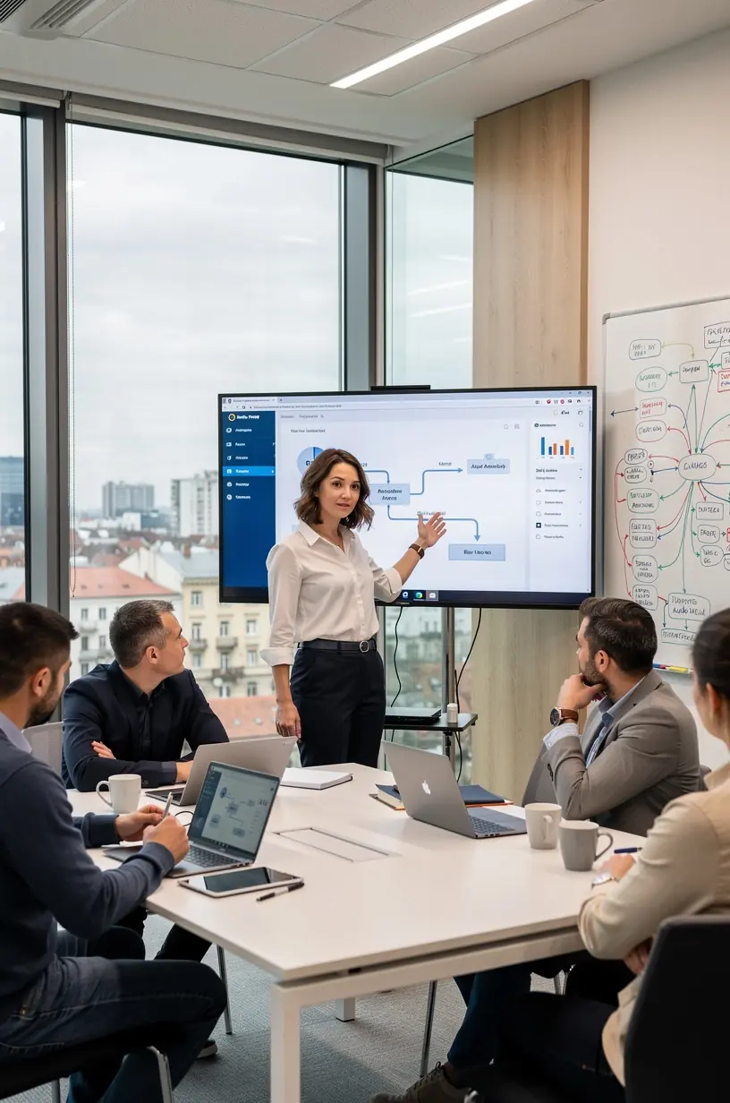 Imagine a unui specialist în tehnologie care configurează un sistem de automatizare pentru procese administrative.